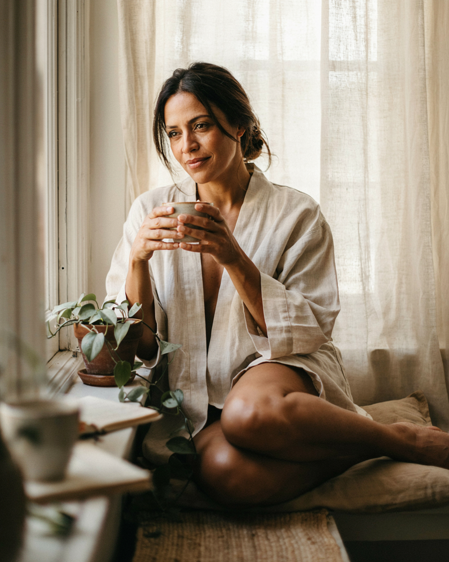 Mulher em casa, com uma xícara de chá, na luz da manhã